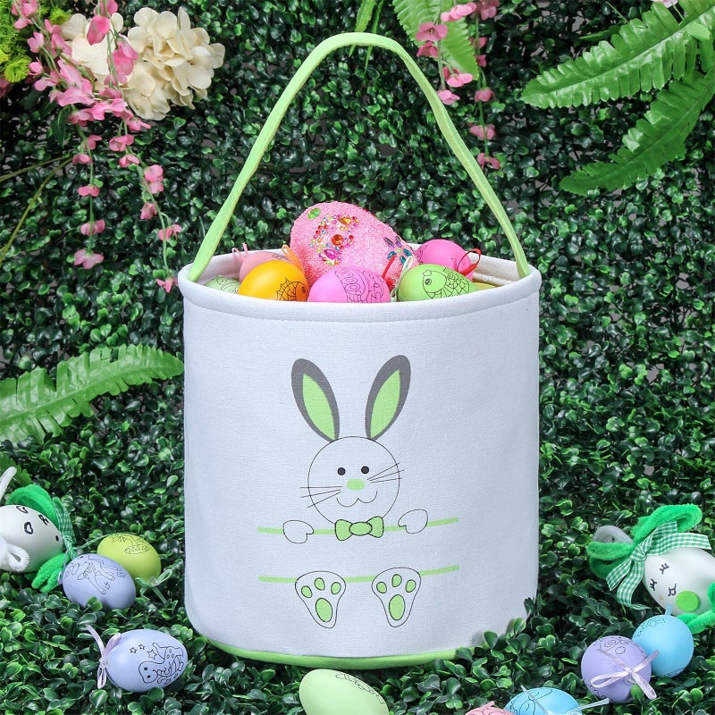XinblueCo Easter Bunny Basket Egg Bags for Kids,Canvas Cotton Personalized Candy Egg Basket Rabbit Print Buckets with Fluffy Tail Gifts Bags for Easterâ€¦â€¦ - Image 4